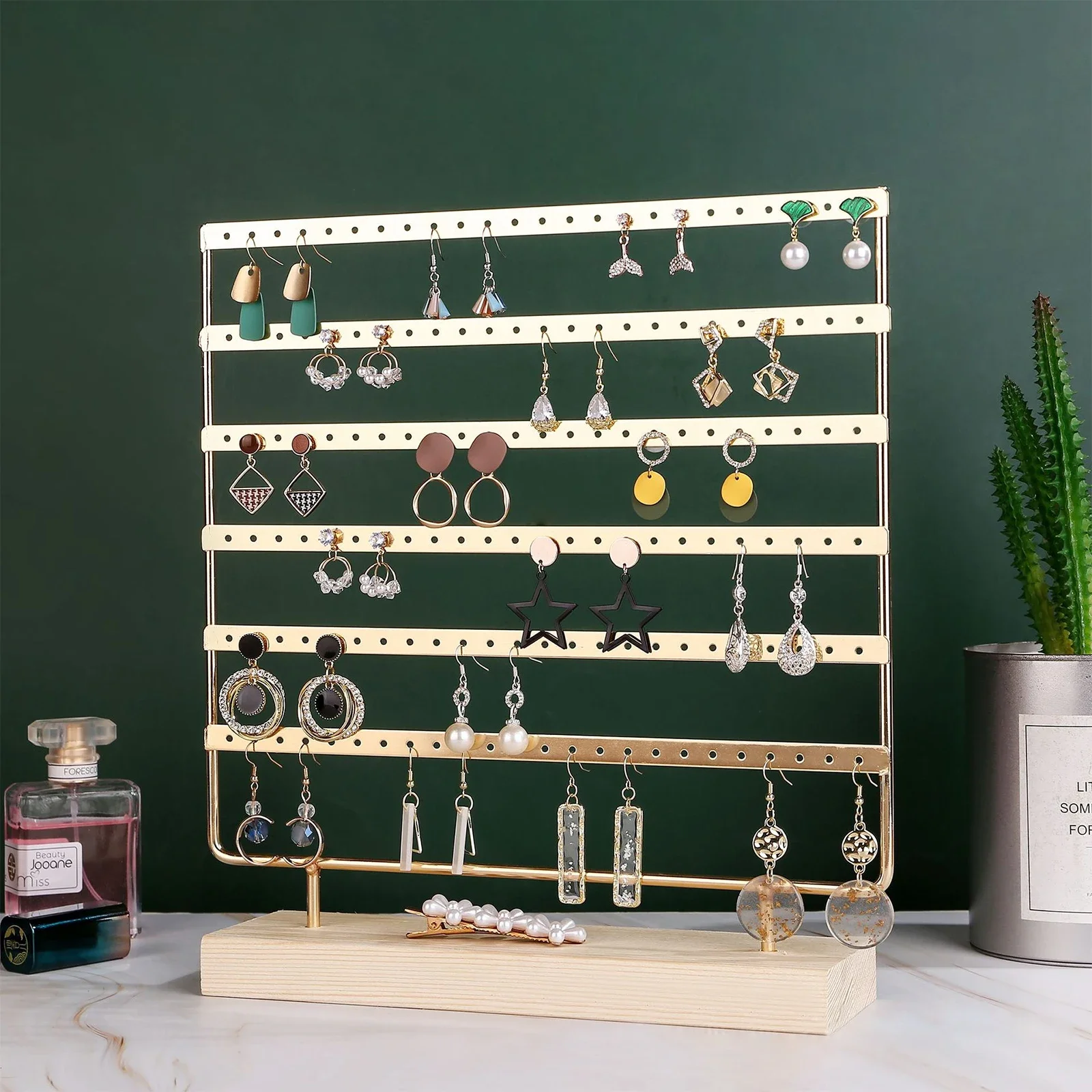 

6-Tiers Metal Holes Earring Display Holder Jewelry Storage Organizer Wood Base Stand Tree for Ear Display Stud Earrings Holder