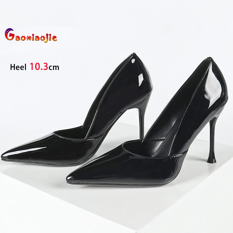 

Новинка 2023 года, черные женские туфли на высоком каблуке 10,3 см, женские туфли-лодочки на тонком каблуке с острым носком, удобная обувь для вечеринок на шпильке с неглубоким носком