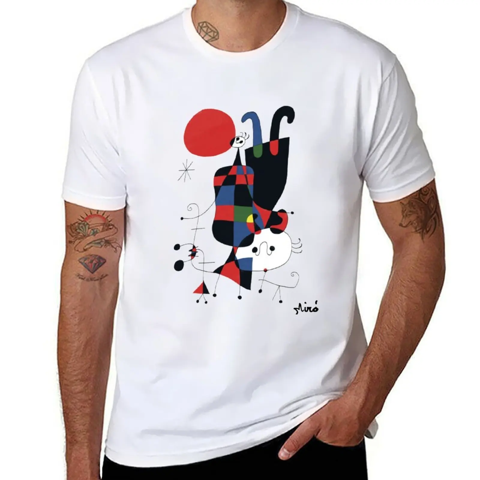 

Joan Miró Abstract Surrealism | “Figures and Dog in Front of the Sun” T-Shirt t shirts with prints t shirt man luxury T-Shirt