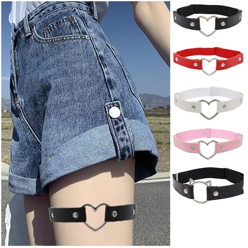 Sexy Women Elastic Pu Leather Thigh Leg Ring Strap Leglet With Metal Heart Garter Belt Cat Punk Garter Jewelry Loop Goth Harness