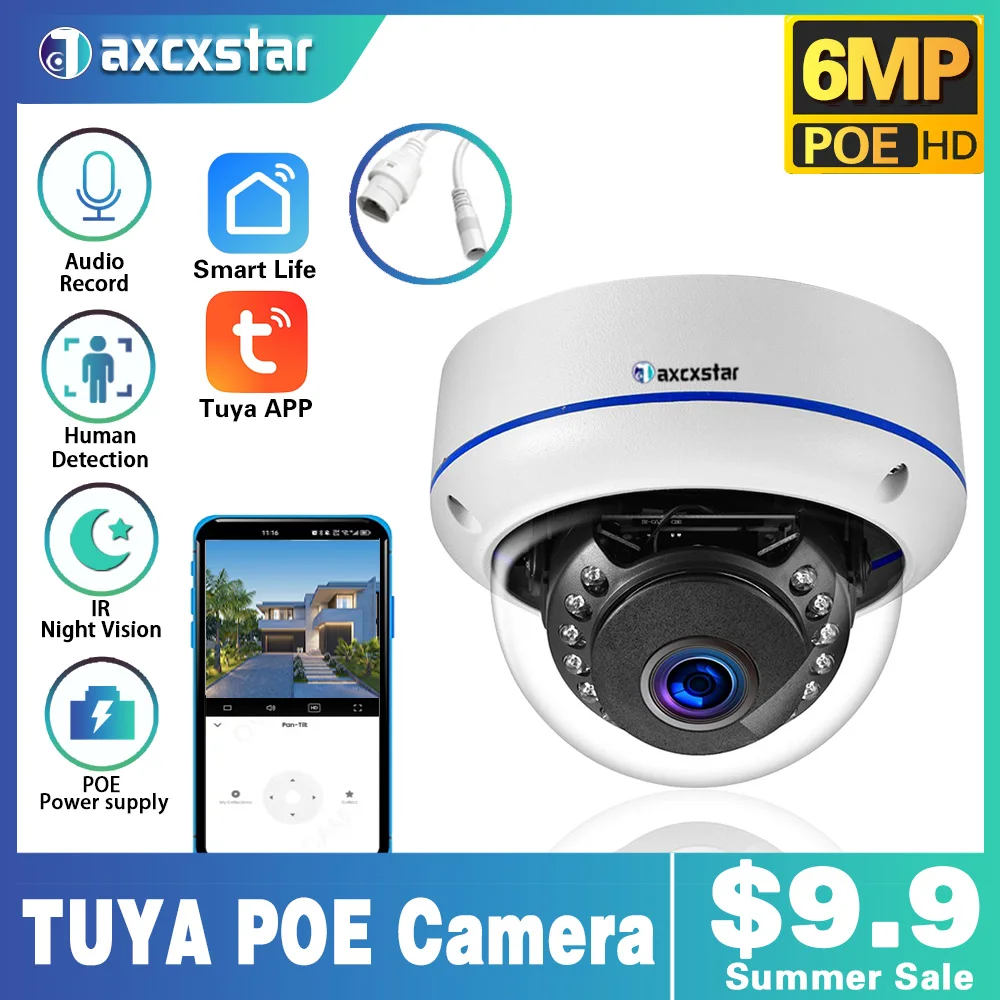 

TUYA 6MP IP Camera Outdoor Sports Detection CCTV Metal White Dome IP66 Waterproof 6MP POE Human Video security protection Camera