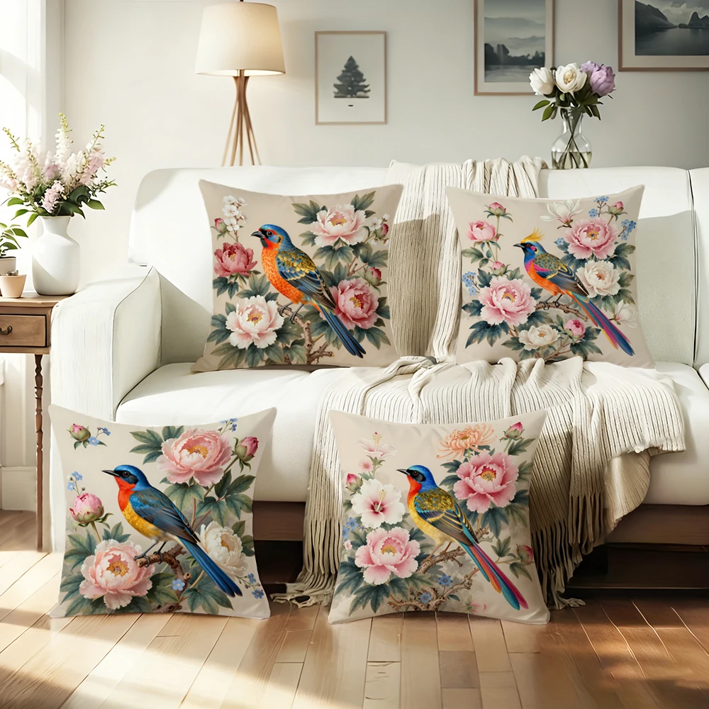 1/4pcs Floral Bird Print Pillowcases Sofa cushion cover home bedroom room decoration
