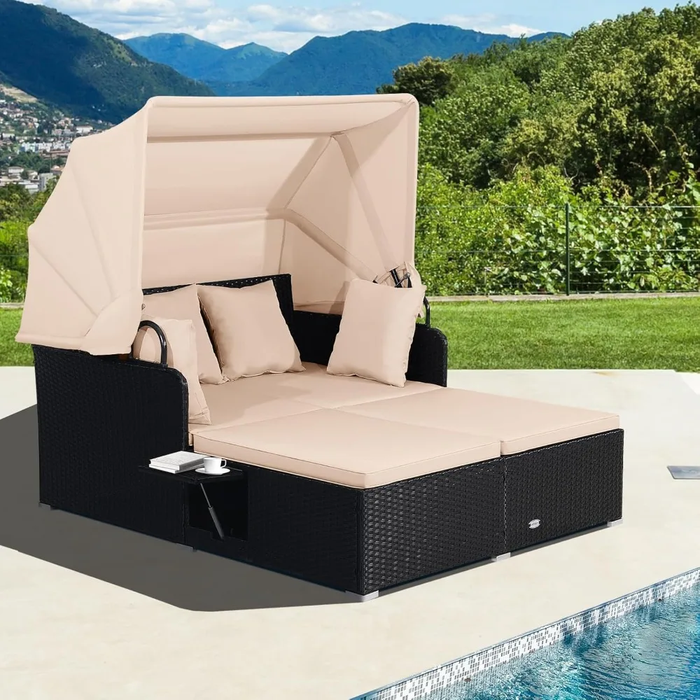 Outdoor Daybed, 2-Person Wicker Chaise Lounge with Retractable Canopy, Cushions & Pillows,  for Deck Poolside Garden Balcony