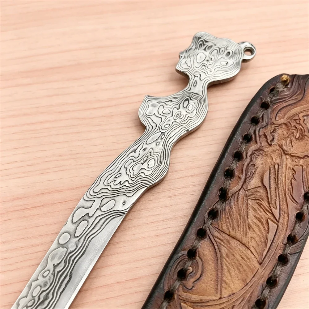 Handcrafted Mini EDC Fixed Blade Knife, Flying Goddess Design Damascus Steel Blade Multifunctional Outdoor Camping Survival Tool