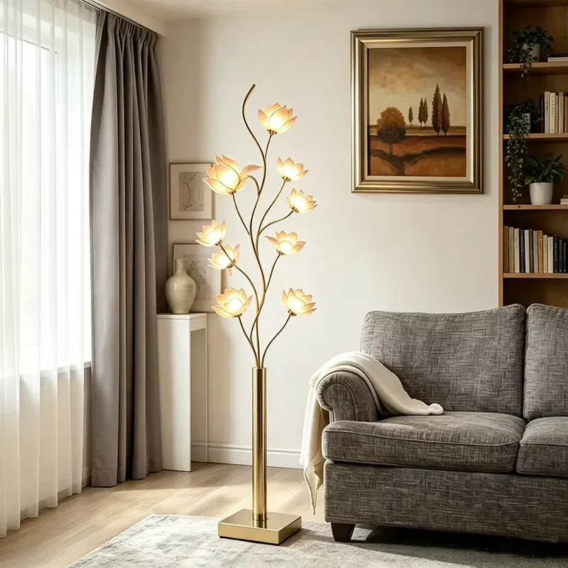 Modern Simple Lotus Floor Lamp Metal Wrought Iron Curved Decorative Standing Light for Indoor Study Living Room Bedroom