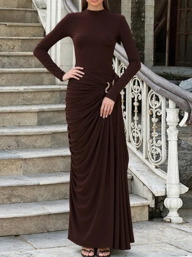

Elegance Round Collar Pleats Long Dress Female Tapered Waist Long Sleeve Solid Slim Party Dress Evening Women's Maxi Dress