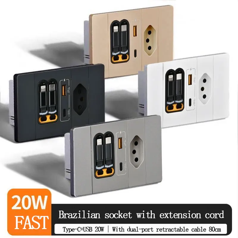 Cabo Retrátil Tipo-C de 3 Furos Brasileiro Tipo 118 de 80cm com Carregamento Rápido USB e Tomada de Carregamento de 20W com Nitreto de Gálio