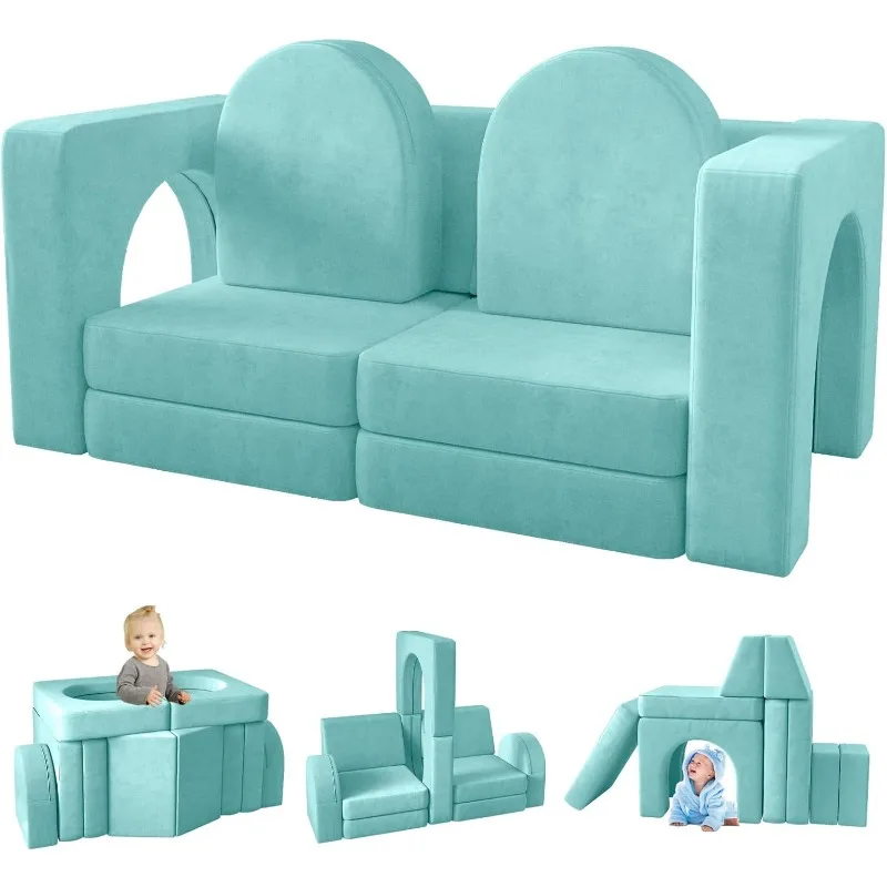 10 PCS Modular Play Couch for Playroom Bedroom 10in1 Multifunctional Sofa Playing Creativing Sleeping Indoor Couch Ice-Snow Blue