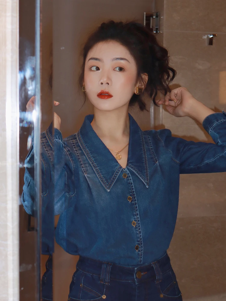 

Retro Denim irt Women's Spring Autumn ort Sve Long Sve Inner Wear Layering Faionable Cotton Collar Button up