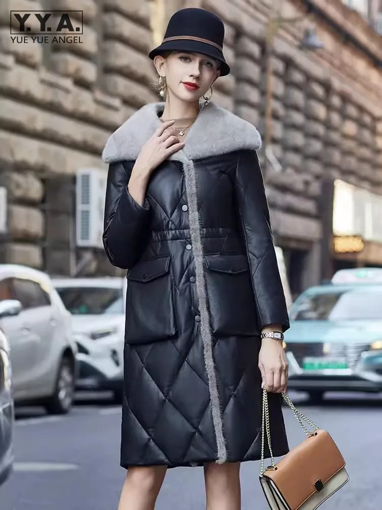 Doudoune longue en cuir de mouton véritable pour femme, coupe couvertes, col en fourrure de vison, pardessus chaud, optique, manteau long, dames de bureau, hiver