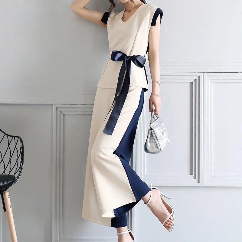 2024 Summer Korean Version New Temperament Fashion V-neck Sleeveless Top Wide Leg Color Matching Two Piece Women\'s Pants Set