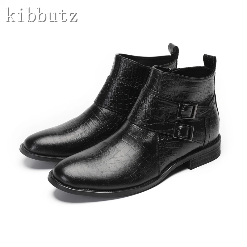 Men Black Double Buckle Ankle Boots Pointed Toe Genuine Leather Boots Male Short Western Cowboy Motorcycle Boots