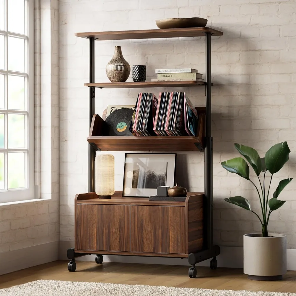 

Bookshelf with Cabinet, 4 Tier Bookcase with Door, 51.6 Book Storage Organizer with Adjustable Shelf and Wheels, Modern Di