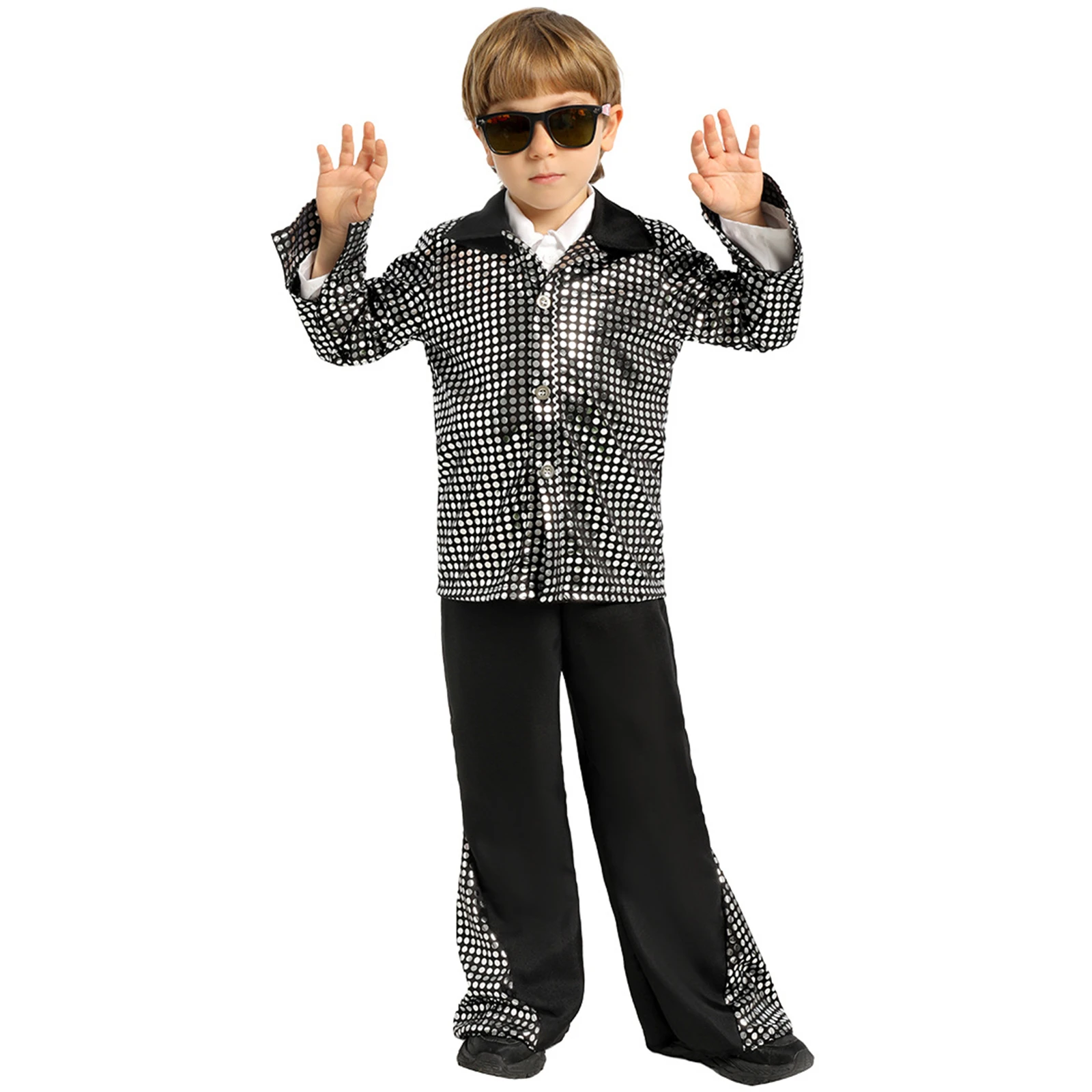 Boys 70s 80s Retro Disco Sparkle Flare Jumpsuit Party Prom Halloween Cosplay Costume view 2
