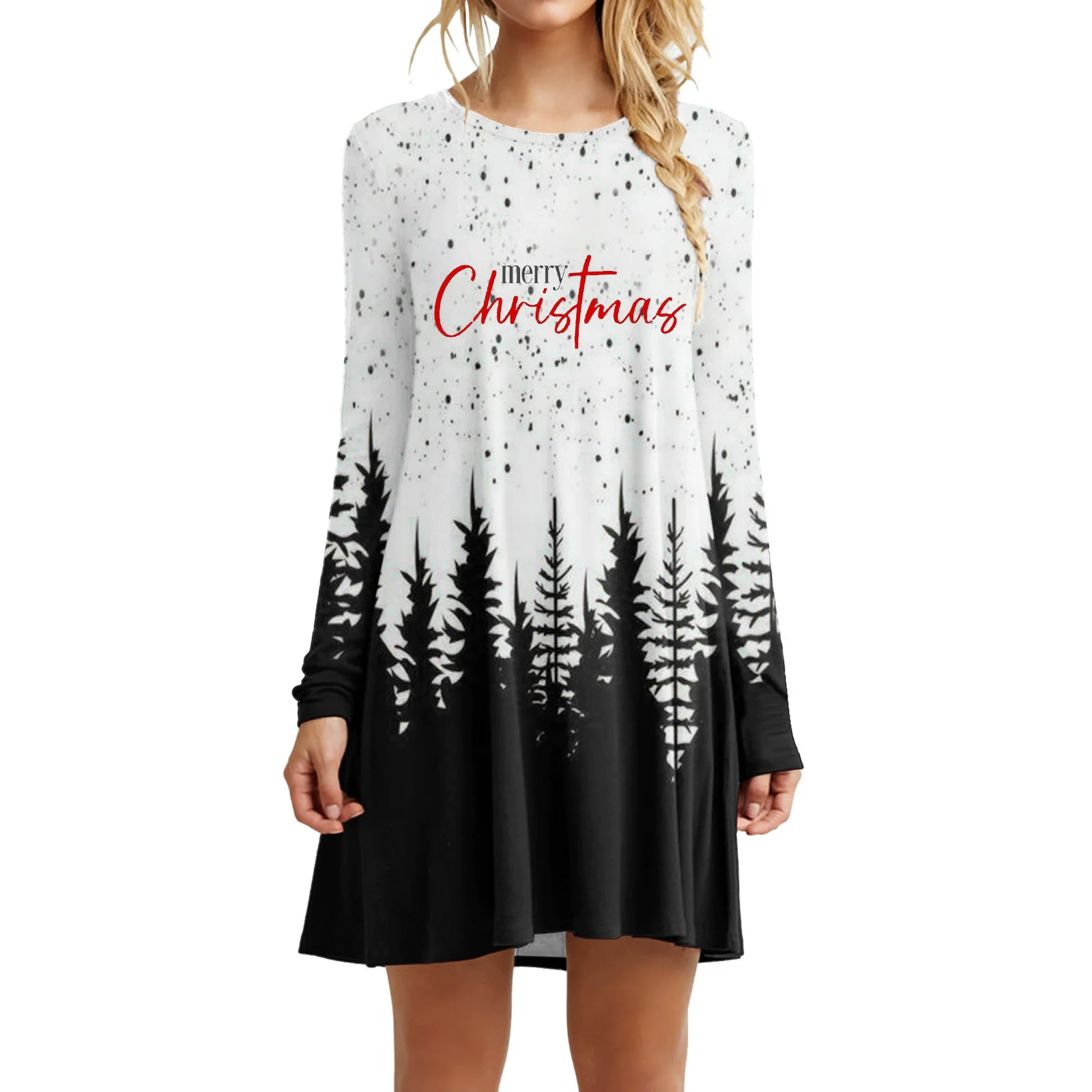 Fashion Christmas Tree Pattern Women Mini Dresses Autumn Winter Long Sleeve 3d Print Christmas Style Ladies Dress 3XL Plus Size