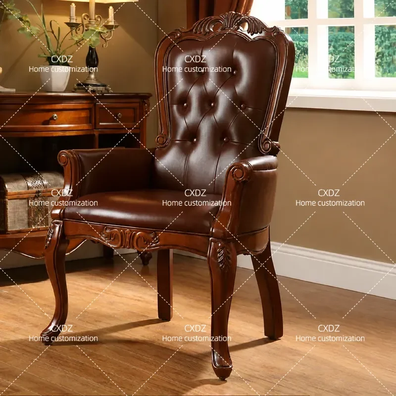 Solid Wood Book Chair Leather Leisure Study Office Computer Chair with Armrest Backrest for Home Dining Room Furniture