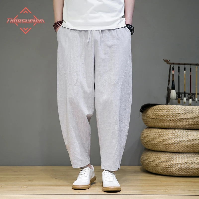 Chinese Style Summer Pants for Men Breathable Cotton Linen Casual Pants Comfortable Loose Wide Leg Pants Linen Harem Pants