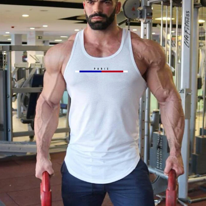 

Paris Print Rounded Hem Mens Sport Vests Gym Bodybuilding Fitness Sleeveless Tank Tops Mesh Breathable Quick Dry Muscle Shirt
