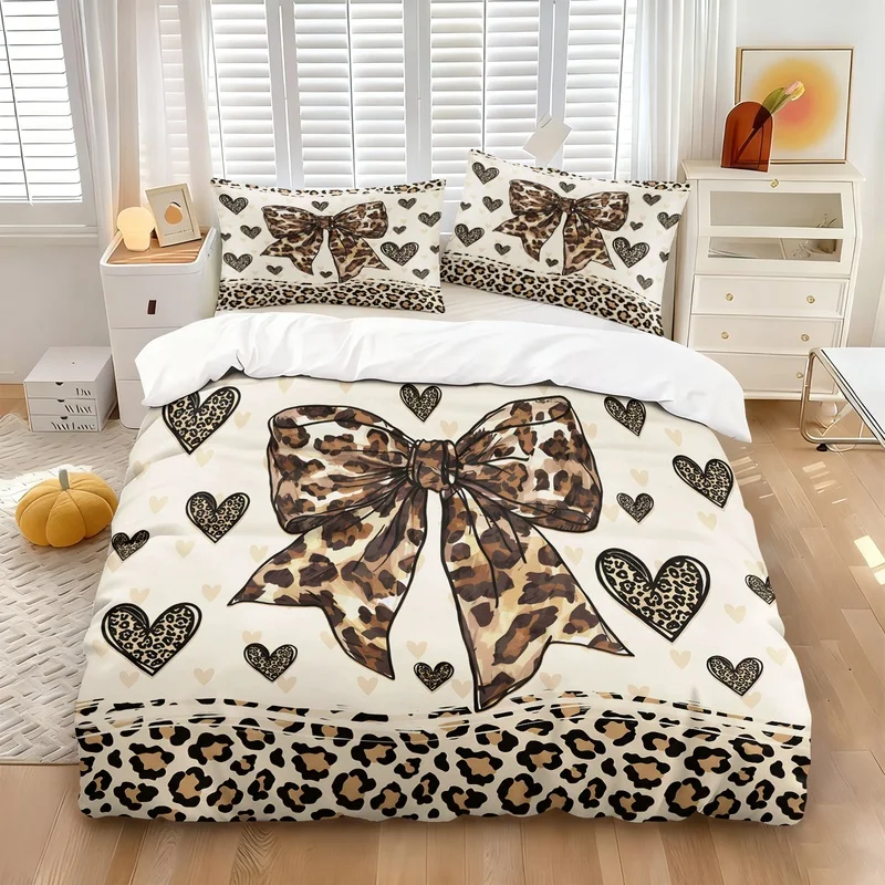Leopard Bow Heart Print Duvet Cover Set(1 Duvet Cover & 1/2 Pillowcase) Soft Breathable Bedding Set for Girls Bedroom