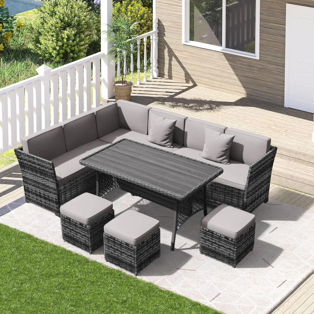 

7 Pieces Patio Furniture Set, Outdoor Patio Furniture, Wicker Conversation Set with Dining Table, Chairs and Ottoman
