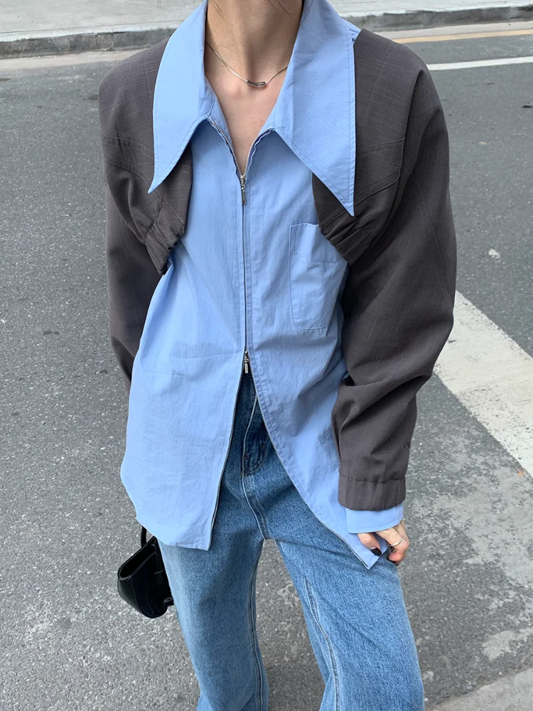 

Рубашки Топы Женские Французский модный дизайн Нишевые двойные молнии с отложным воротником Однотонная уникальная шикарная повседневная уличная одежда с длинным рукавом