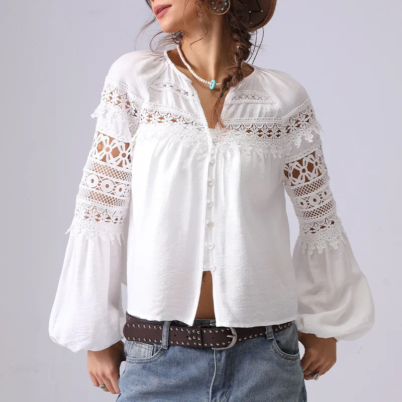 

French Style Vintage White Blouse Shirt Women Spring Summer Hollow Out Casual Long Lantern Sleeve Buttons Vocation Ladies Tops