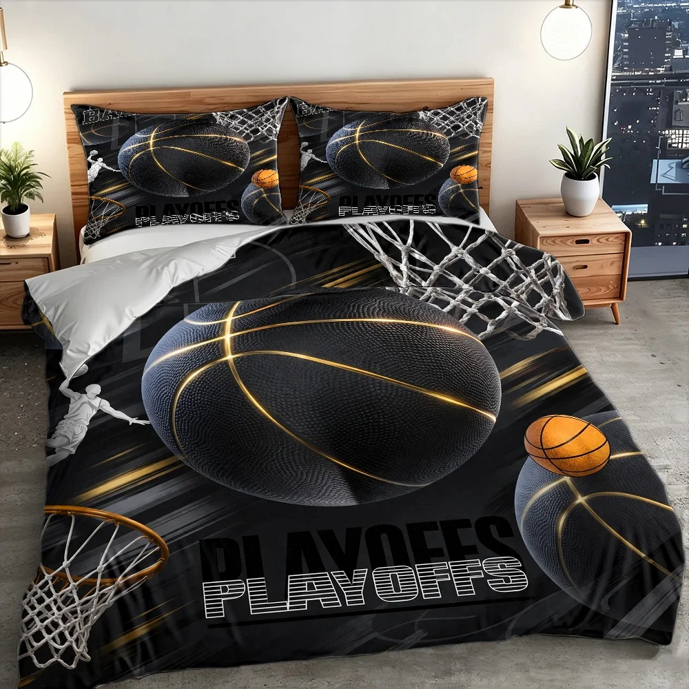 3Pc Black and Gold Basketball-Style Printed Duvet Cover Set, Sports-Themed Bedding Set for Basketball Enthusiasts, 1 Duvet Cover Plus 2 Pillowcases, Universal Bedding Set for Home, Dormitory, Master Bedroom, and Guest Room, Suitable for All Seasons, Machine Washable, Skin-Friendly, Durable Bedding Set, Large Duvet Cover Set Suitable for Double Beds, Hidden Zipper Design for Easy Removal and Washing Without the Quilt Slipping, Cool and Trendy Bedding Set for Boys' Bedrooms, Breathable, Soft, and Non-Pilling, Non-Fading Bedding Set, Suitable for Student Dormitories