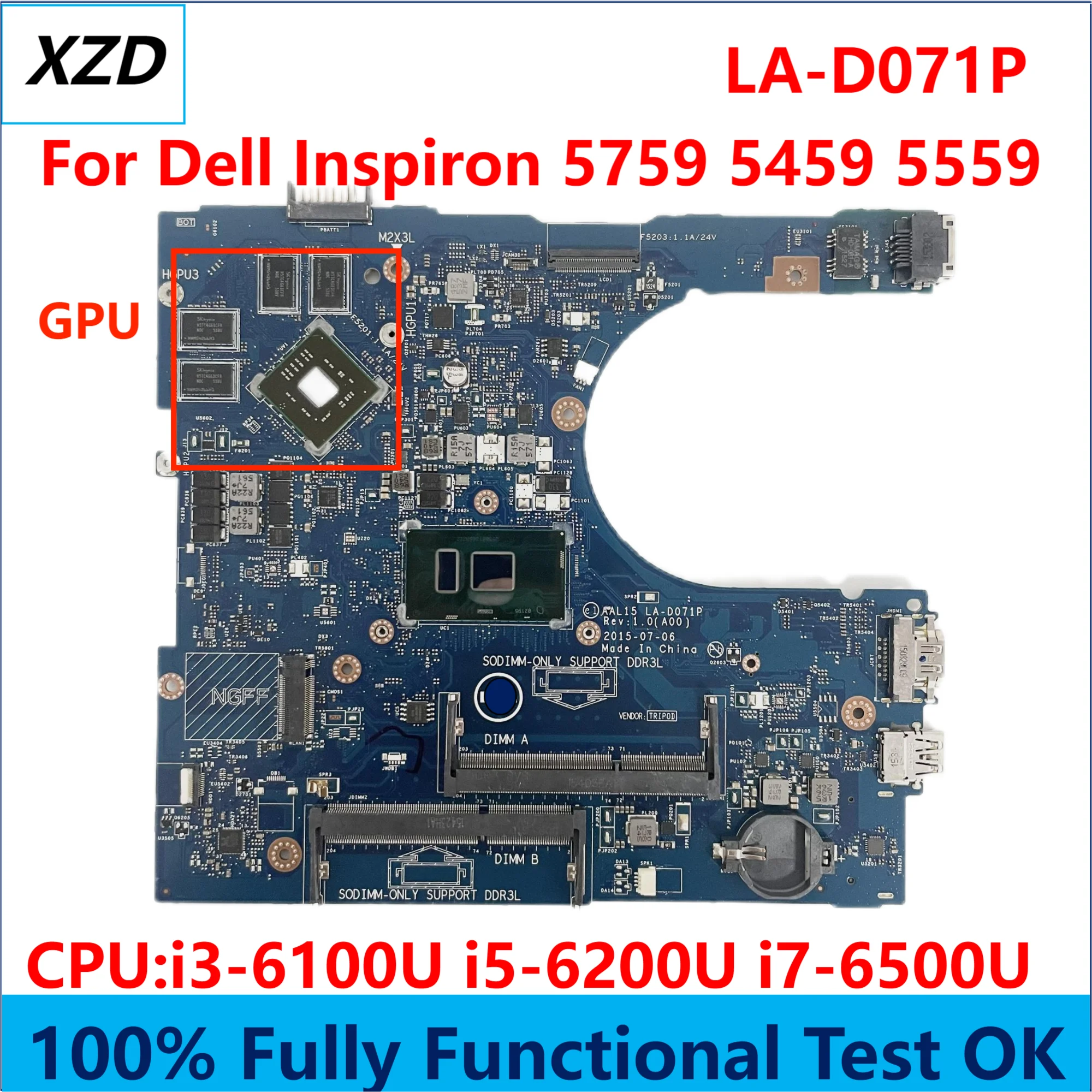 AAL15 LA-D071P Mainboard For Dell Inspiron 5759 5459 5559 Laptop Motherboard with CPU i3 I5 I7 GPU 100% Fully Tested