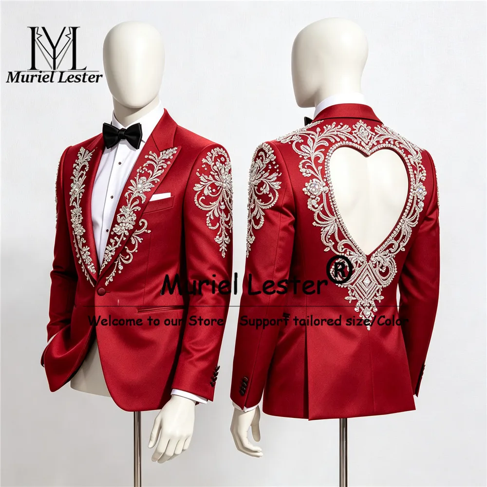 Luxury Handmade Sequined  Suits Men 2 Piece Cut-Out Back Prom Blazer Pants Customized Groom Wedding Tuxedo Trajes Para Hombre
