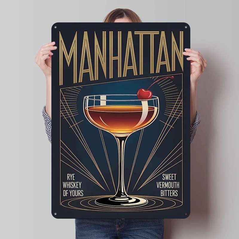Manhattan Cocktail Art Deco Metal Poster Custom Wall Art Retro Vintage Tinplate Signs for Bathroom Decor Room Accessories House