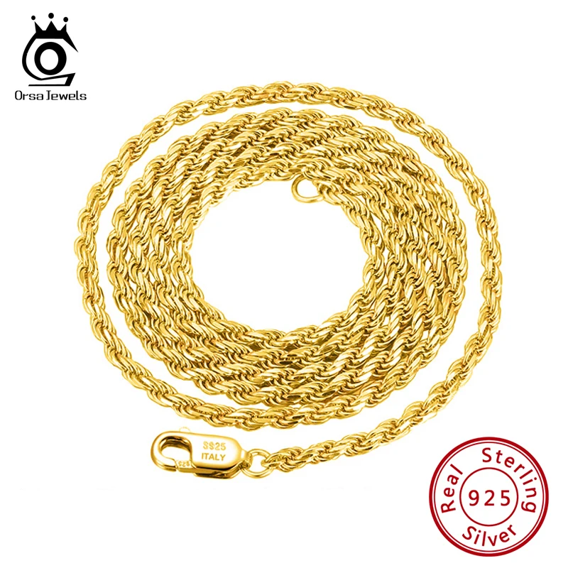 ORSA JEWELS 925 Sterling Silver 18K Gold Rope Chain Necklace 1.2 / 1.5 / 1.7mm Rope Link Collares 16-24 inches Basic Chain SC29