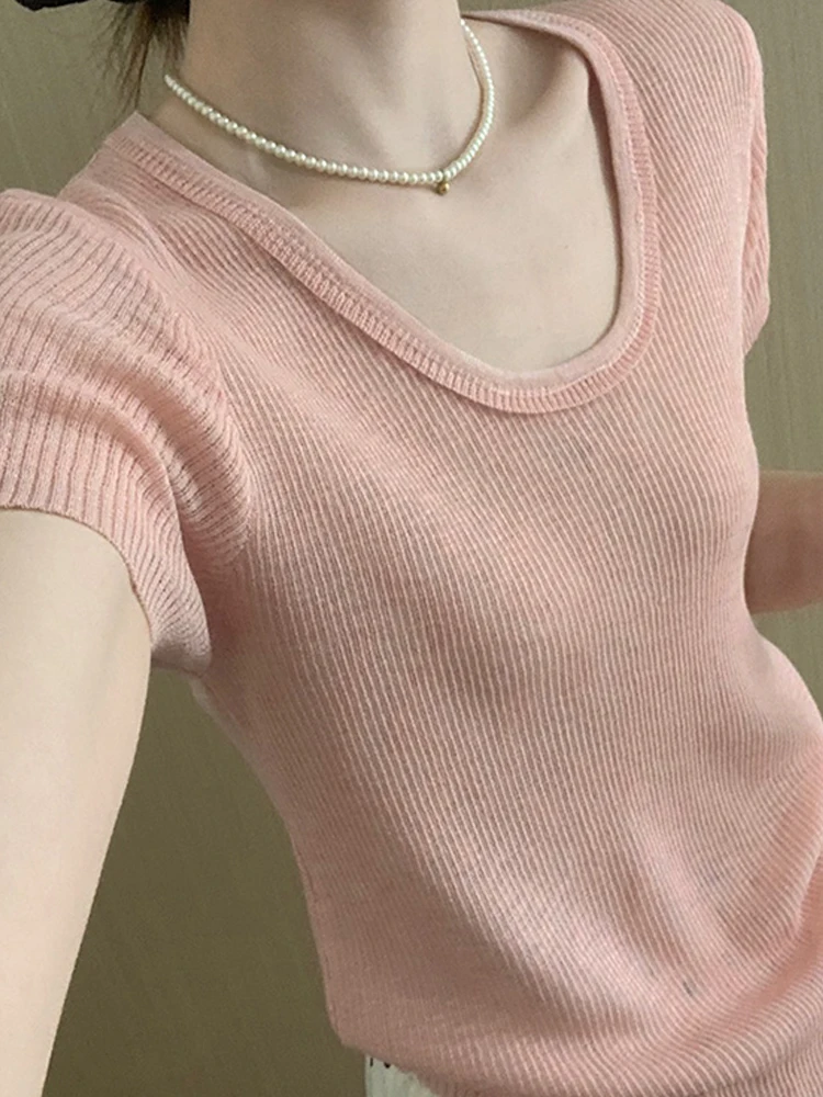 

Slim Fit Ice Silk ort Sve T-irt Knitted Top Breathable Faion Design Women's Summer irt Korean Sle Commute Wind