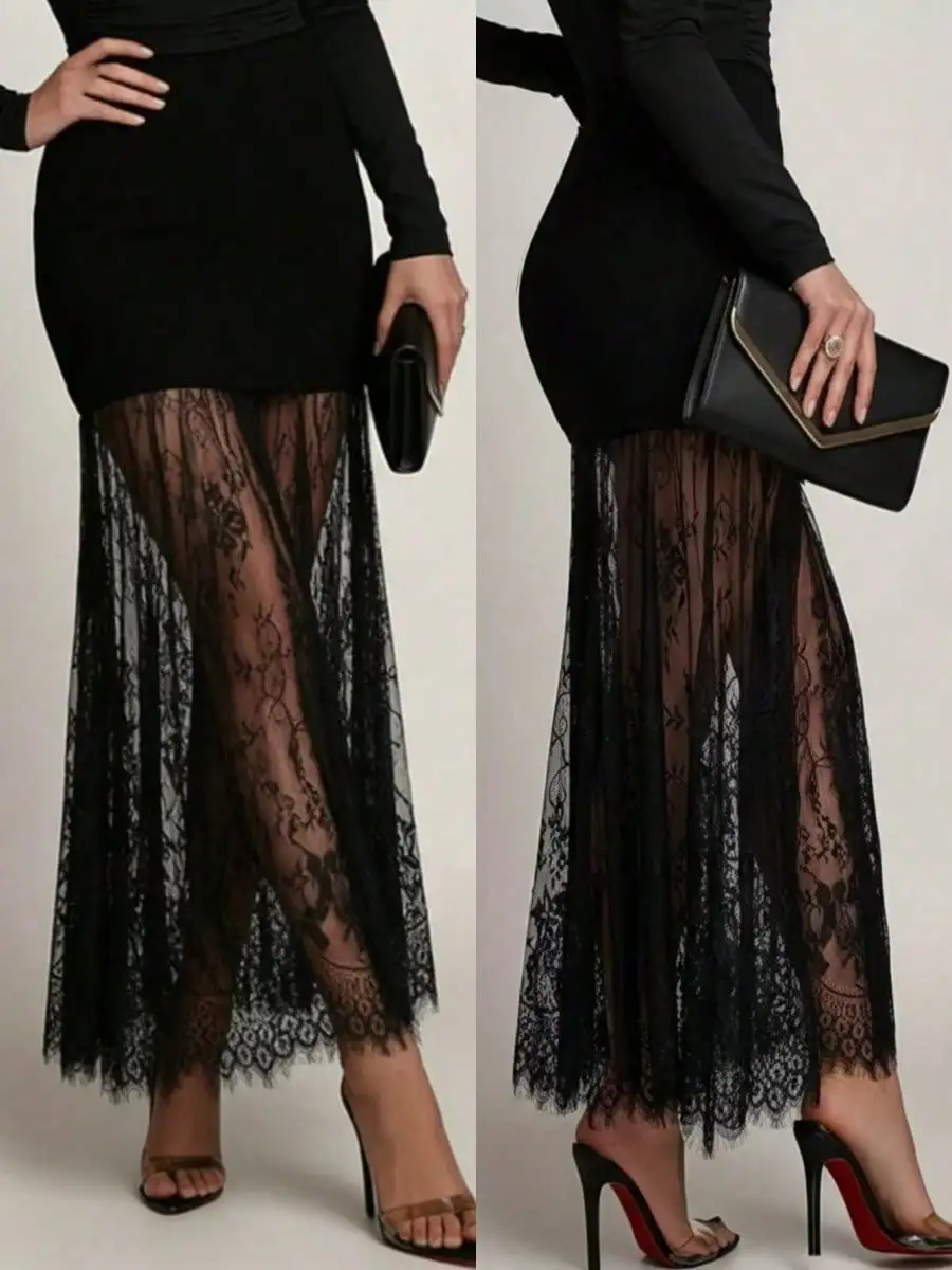 Elegant Women's Long Bodycon Skirt, with Contrasting Lace Details, Knitted Fabric, Medium Stretch, Sexy Design