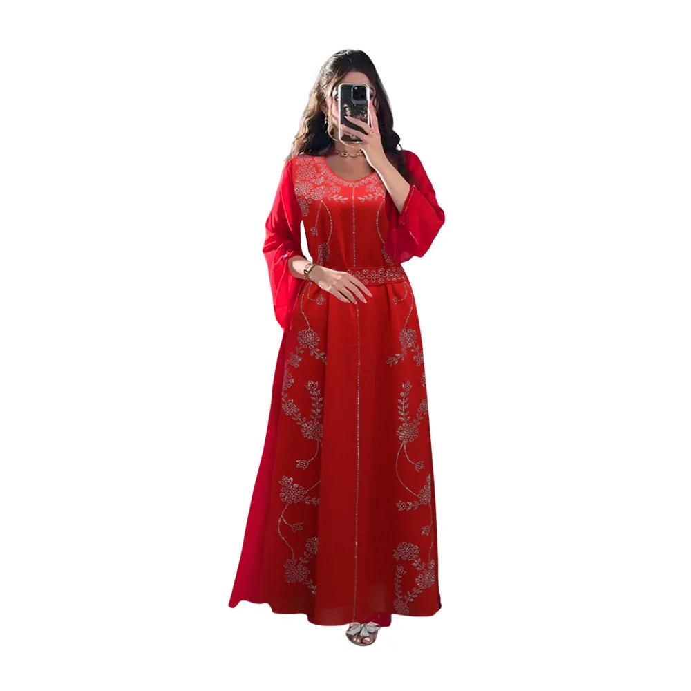 Dubai Arabian Middle Eastern Gathering Muslim Robe, Turkish Ladies' Stylish Colorful Round-neck Hotfix Diamond Evening Dress