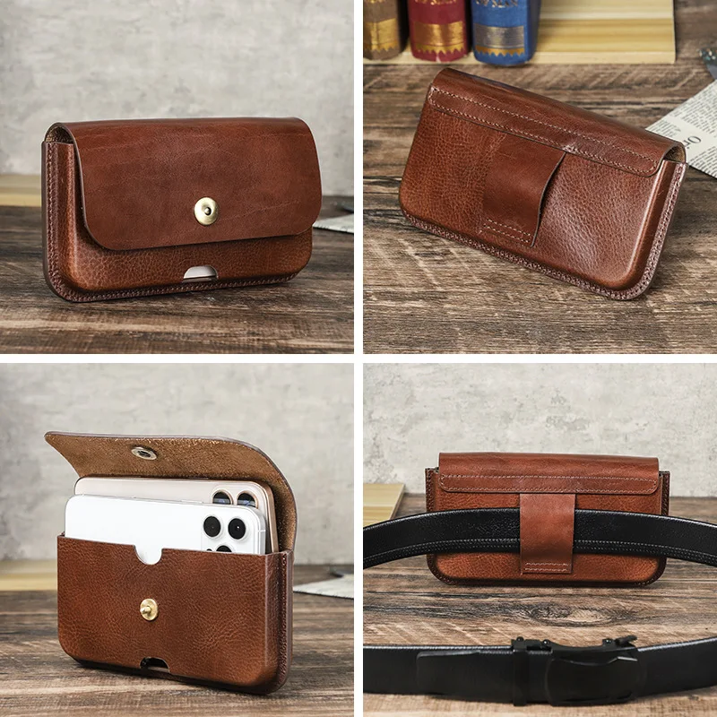 Cow Leather Belt Phone Pouch Magnetic Buckle Finger Hole Design Belt-Mounted Phone Holster Thick Case Outdoor Travel Waist Packs
