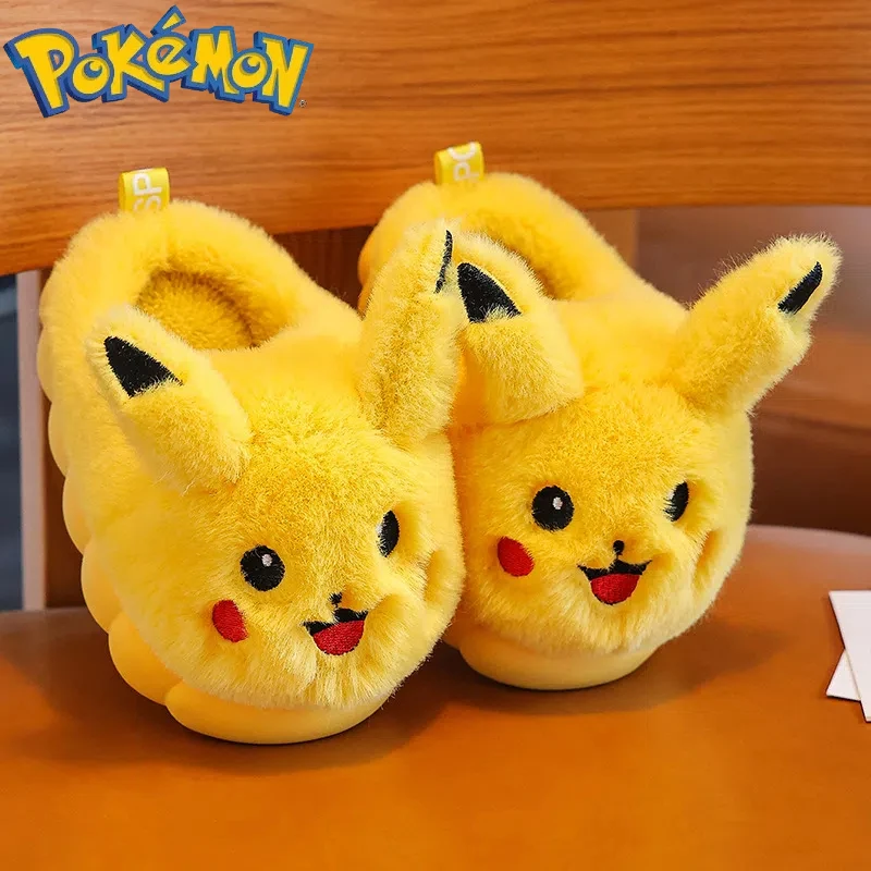 Pokemon Children'S Cute Cartoon Flat Plush Slippers Soft Sole Non-Slip Winter Warm Baby Boys Girls Indoor Home Cotton Shoes Gift