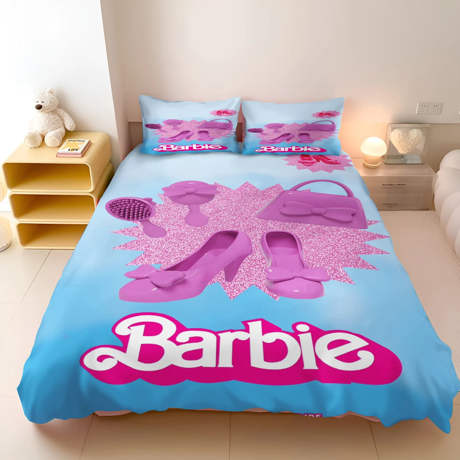 

MINISO-PrintedBarbie Set for Girls, Disney Co-branded Barbie Pink, Modern Duvet Cover, 2 Piece Bedding Set