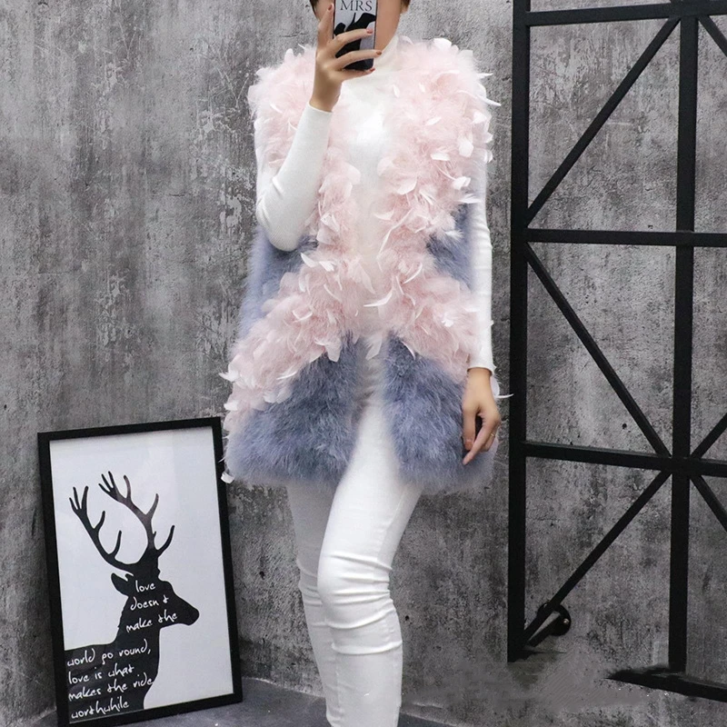 Winter New Fur Vests Coats For Women Midi Sleeveless Ostrich Feather Turkey Fur Jacket Thick Waistcoat Female Outerwear Y3463