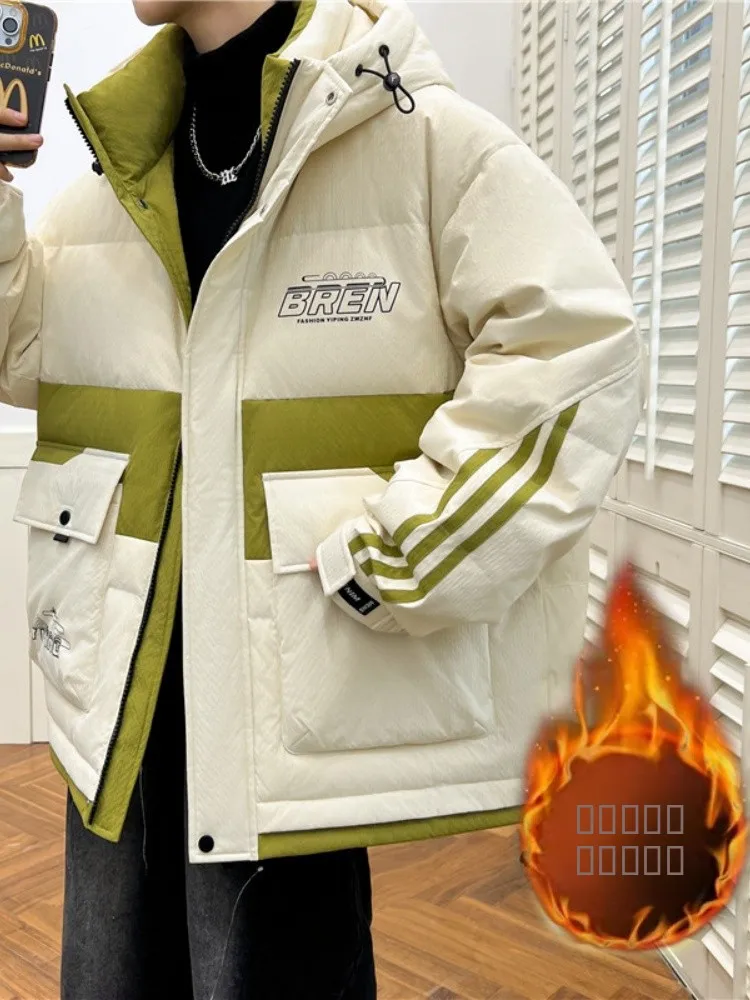 

Men's Winter Thiened Hooded down Cotton Jaet Youth Trendy Loose Workwear Cotton Coat Warm Casual Long Sve Zipper Closure