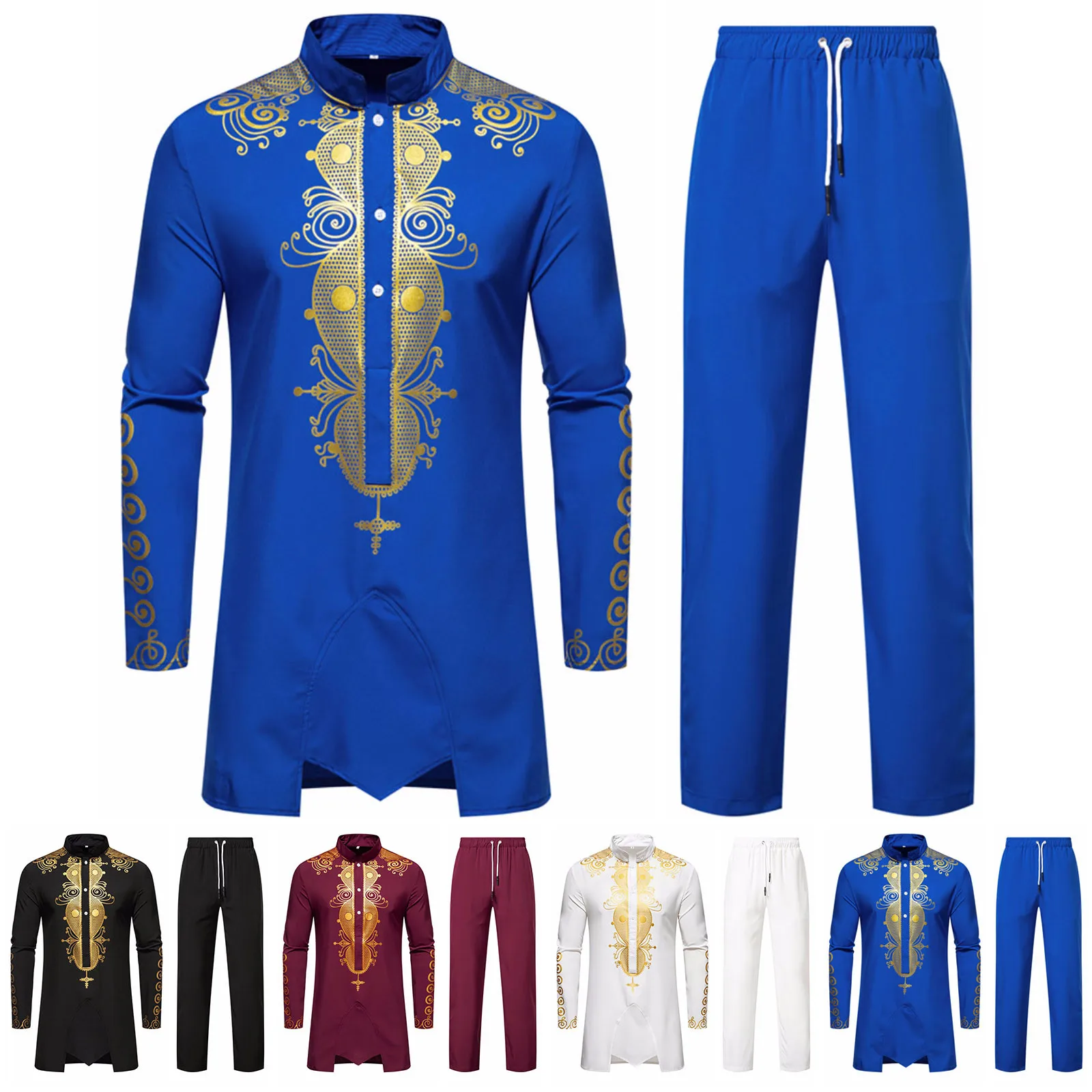 

African Long-Sleeved Shirt For Men - Metal Gold Printed Chinese Collar Shirt Traditional National Festival Wedding Two-Piece Set