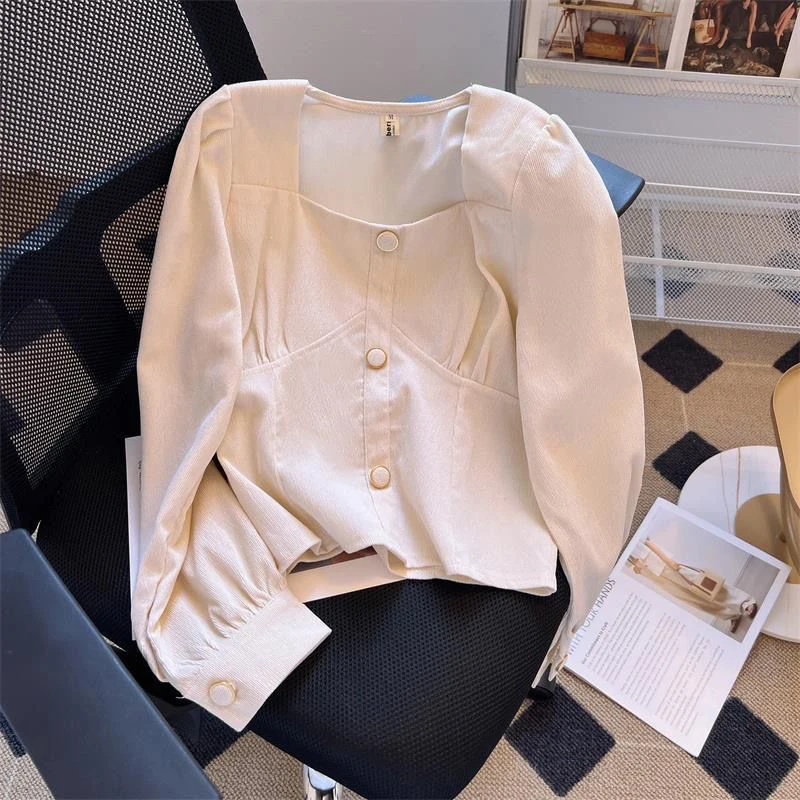 Square Collar Elegant Blouse Women Blue Chic Sweet French Spring Fall Long Sleeve Shirt Korean Sexy Cropped Office Lady Tops