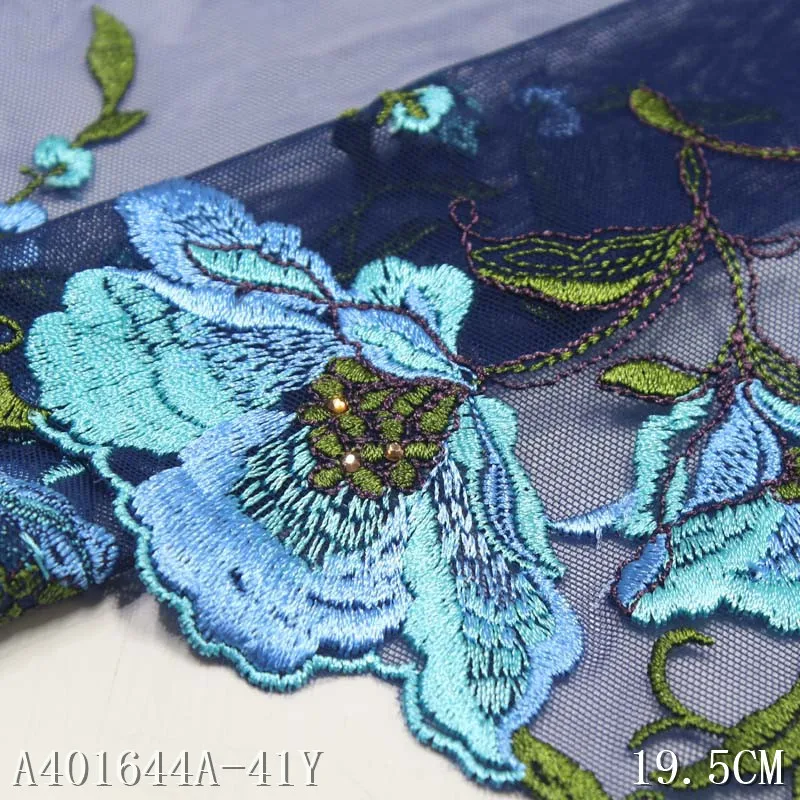 1 Yard 19cm wide Blue Soft Mesh Embroidery Lace Trimmings Dress Accessories Lace Fabric Sewing Crafts Doll Material