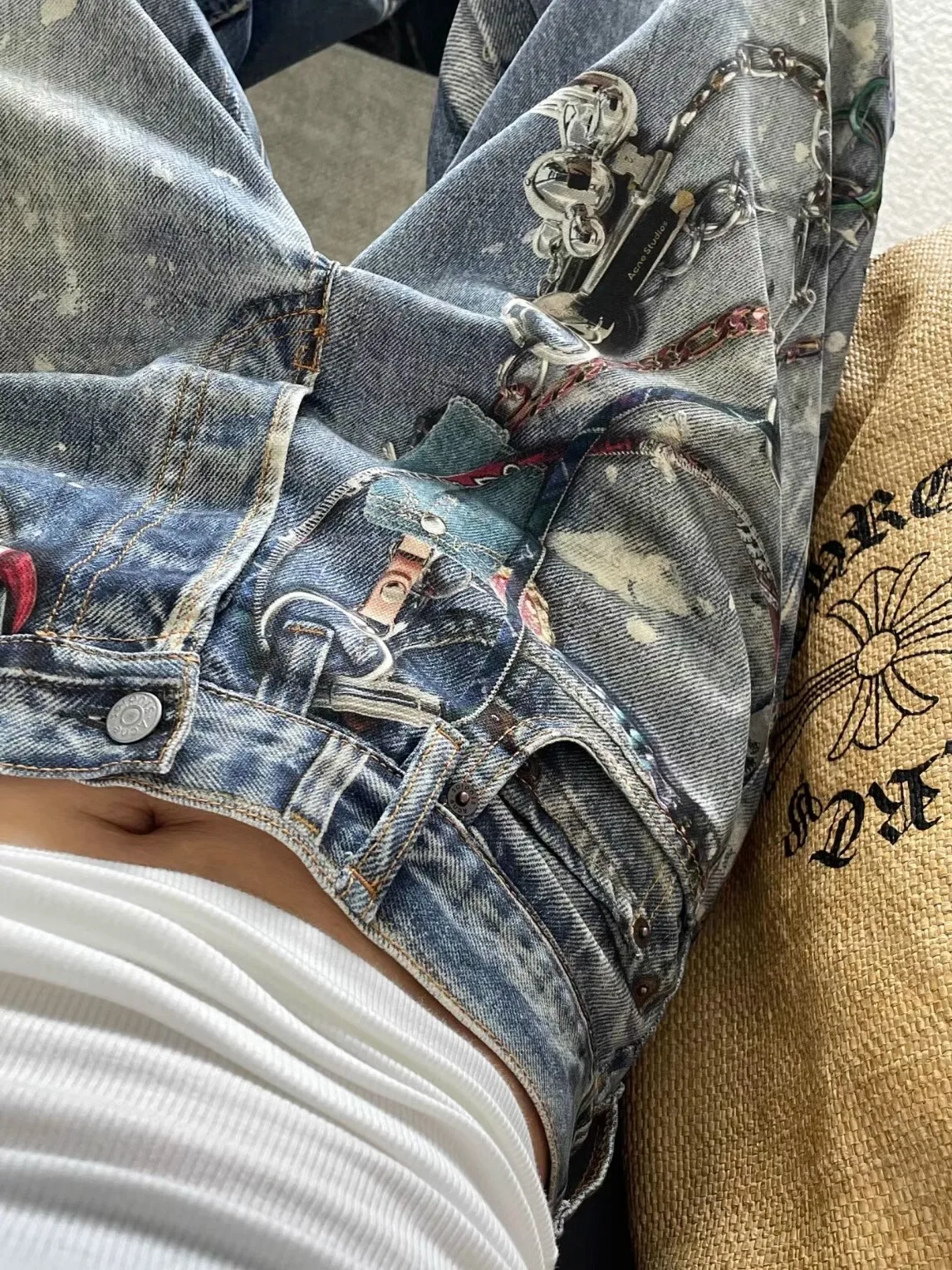 

Мужские джинсы American High Street с 3D-принтом «цепь и брызги», свободные повседневные винтажные широкие брюки для весны и осени