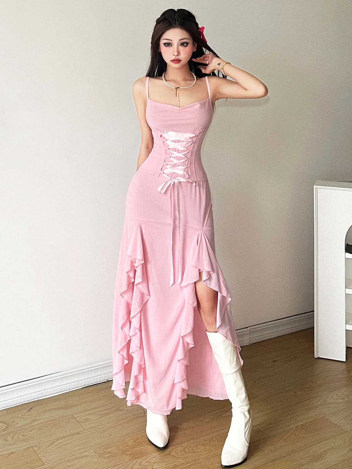 

Pure Young Sweet Pink Suspender Dress for Women Waist-Controlled Lace-up Ruffled Split Slimming Long Fashion