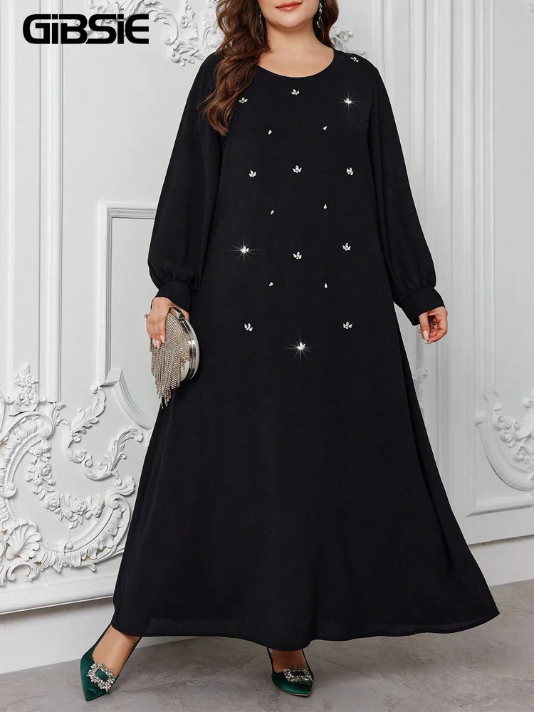 

GIBSIE Plus Size Heavy Industry Rhinestone Long Dress Women 2026 Autumn O-Neck Lantern Sleeve Party Elegant A-Line Dresses