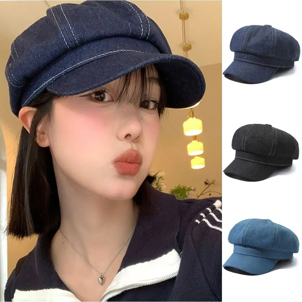 Fashion Vintage Women Denim Beret Back Closed Solid Color Newsboy Cap Versatile Octagonal Caps Unisex