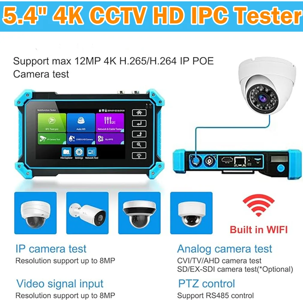 4K CCTV тестер монитор 12 МП IPC 8 Мп AHD CVI TVI камера тестер IP PTZ PoE VGA HDMI вход 4K 5,4 "сенсорный экран CCTV IPC тестер