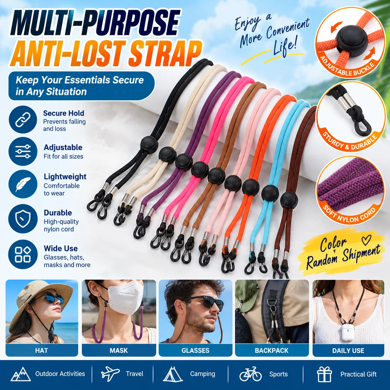 Multi‑Function Windproof Neck Lanyard, Adjustable Anti‑Lost Glasses Chain, Multi‑Use Strap for Glasses, Mask & Hat for Men & Wom