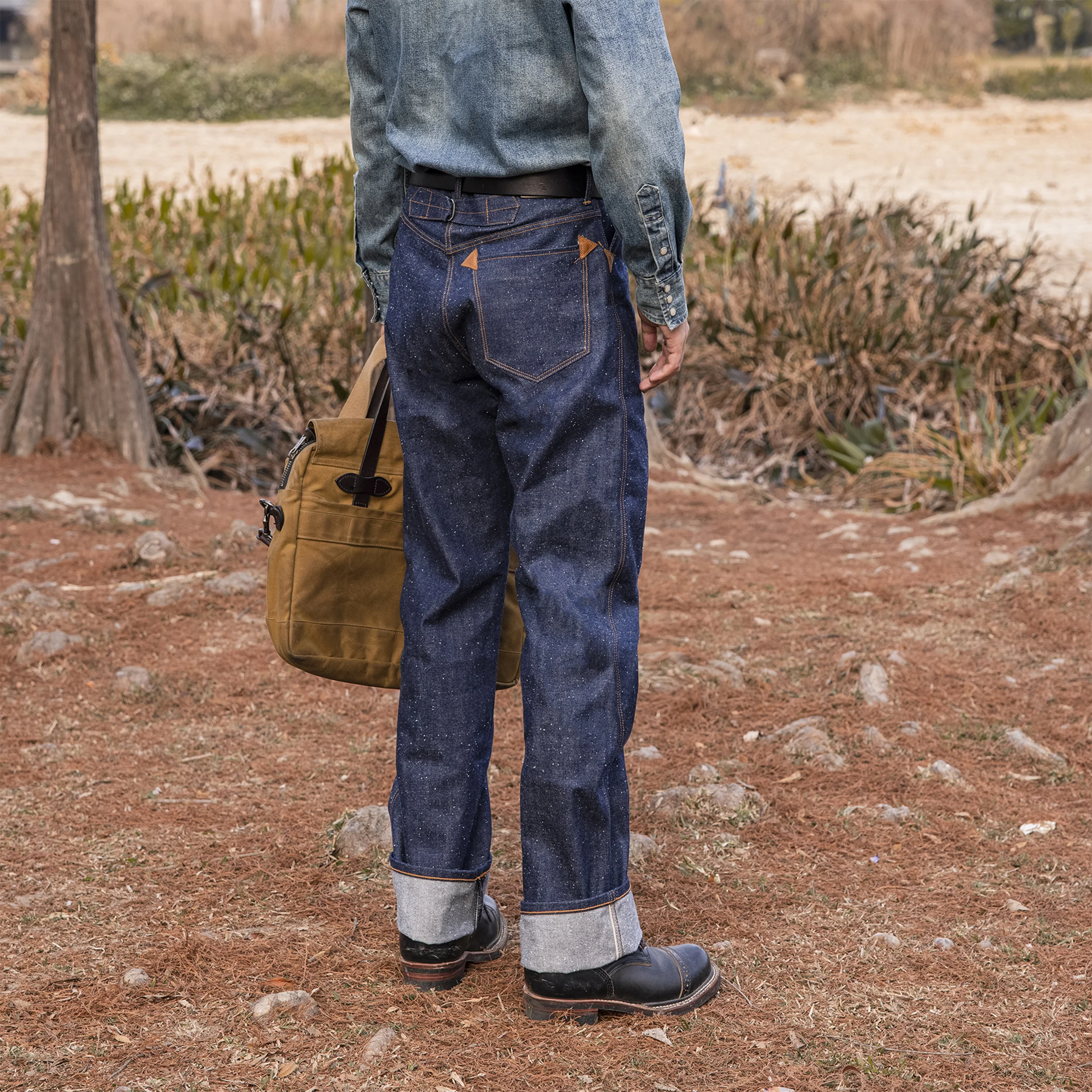 

2025 Red Tornado 1874 Greenbaum 3-Pocket Leather Bound Overalls 14oz Neppy Denim Selvedge Jeans
