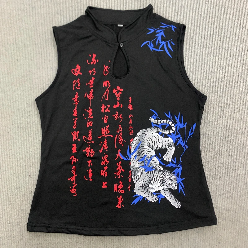 2026 Summer New Chinese Style Letter Tiger Printed Sleeveless Vest Cross Border Fashion Slim Qipao Collar Women's Top